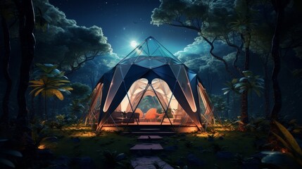 Imagine a high-tech tent glowing amidst a lush forest, surrounded by holographic displays of futuristic gadgets under a starlit sky