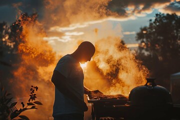 Cropped image of handsome man is making grill barbecue outdoors on the backyard on sunset. Bbq party. Bbq meat, grill for picnic. Roasted on barbecue. Man preparing barbeque in the house yard.