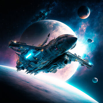 Interstellar space ship adventure, sci-fi  fantasy of travels around planets