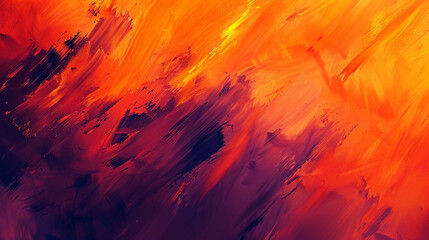 Angular strokes of fiery orange and deep plum blend seamlessly, forming a smoky abstract paint backdrop with dynamic energy.
