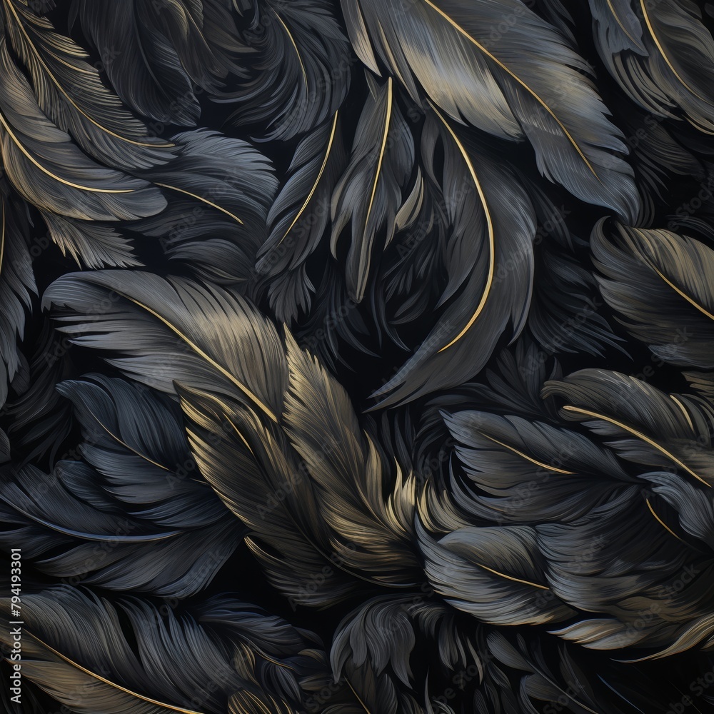 Fototapete a creepy pattern of feathers from a raven dark golden tint drawing
