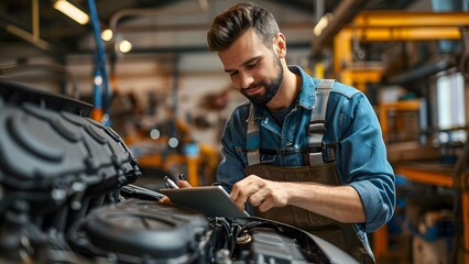 Man fixing car engine in garage using tablet for car service. Concept Car repairs, Garage maintenance, Technology in auto repair, DIY car troubleshooting, Fixing engine issues - obrazy, fototapety, plakaty