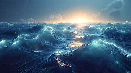 Design a digital visualization of light waves moving across a tranquil ocean. - obrazy, fototapety, plakaty
