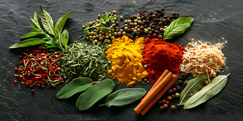 Herbs and spices for cooking on dark background top view of spices and herbs Spices and herbs over on wooden table background 