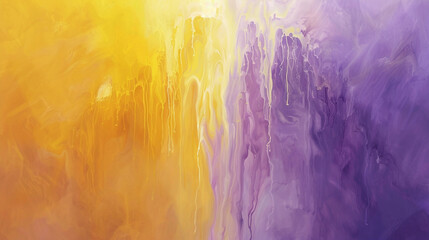Cascading streams of lemon yellow and lilac flow across the canvas, merging into a smoky abstract paint backdrop.