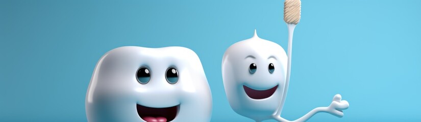 Tooth and toothbrush on blue background. 3d illustration. 3d illustration. Dental Concept with Copy Space.