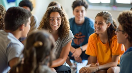 Fototapeta premium A group of teenagers participating in a roleplaying activity where they learn about the consequences of participating in riots and the importance of peaceful conflict .