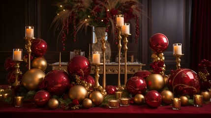 A table adorned with red and gold decorations and candles