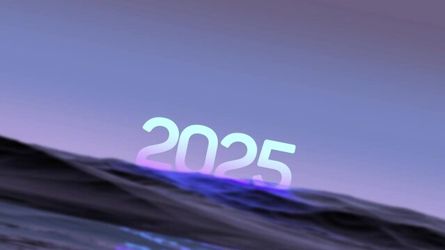 2025 year luminous figure on a rocky island,nature amidst water on the horizon.2025 sci-fi concept, animation.3D render