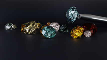 colorful diamonds on dark background 3D rendering