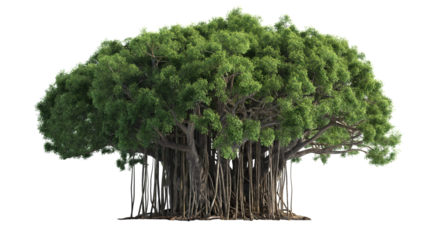 Banyan tree PNG transparent background, green lush with aerial roots, Generative Ai	
