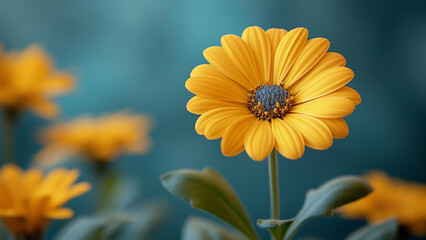 Single yellow flower isolated on a teal background with copy space