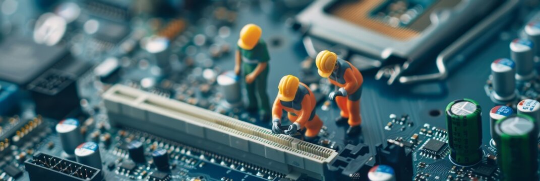 Selective focus of miniature engineer and worker fixed and repair CPU processor, mainboard computer and use for business background. worker's day, labor day