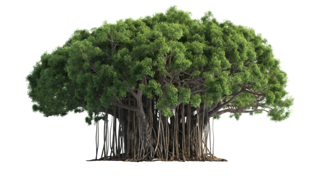 Banyan tree PNG transparent background, green lush with aerial roots, Generative Ai	

