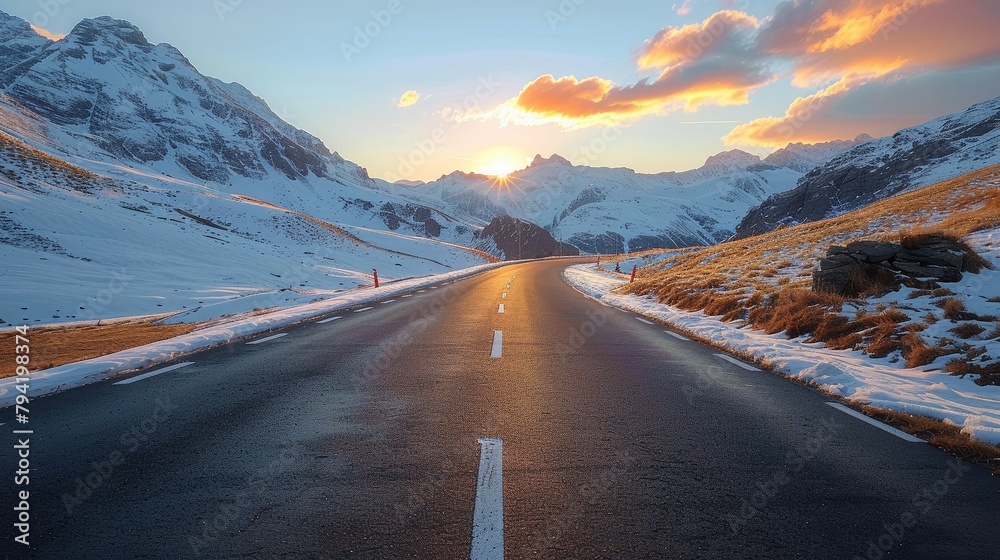 Aufkleber a road with a mountain in the background. the road is empty and the sun is setting. the sky is orang