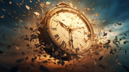 Concept of passing away, the clock breaks down into pieces the flow of time