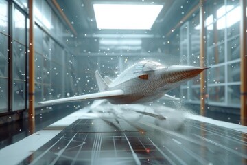 Wind tunnel simulation with a polygonal airplane model, visualizing airflow patterns