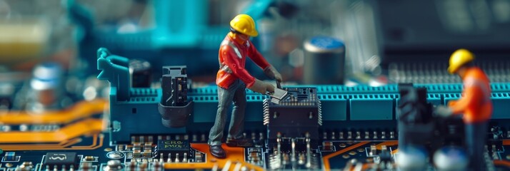 Selective focus of miniature engineer and worker fixed and repair CPU processor, mainboard computer and use for business background. worker's day, labor day - obrazy, fototapety, plakaty