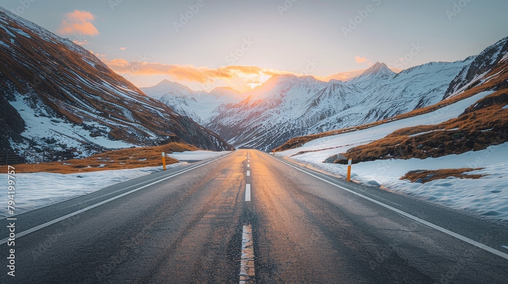 Poster a road with a mountain in the background. the road is empty and the sun is setting. the sky is orang