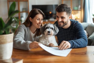 Happy Couple With A Dog Going Through Terms Of Lease Agreement, Reading Contract, Smiling Woman, Young Family