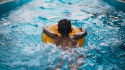 child playing in the pool with inflatable orange ring
