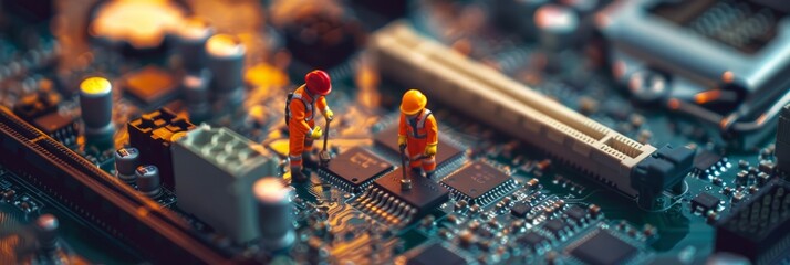 Selective focus of miniature engineer and worker fixed and repair CPU processor, mainboard computer and use for business background. worker's day, labor day