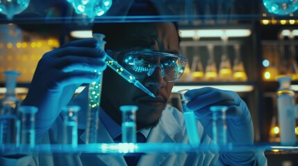 Obraz premium Close up futuristic bioengineer lab technician making tests using flasks and test tubes as well as AI digital technology with glowing viruses and bacteria making experiments using modern equipment