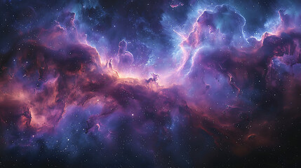Illustrate a panoramic view of a cosmic nebula, using a blend of photographic realism and artistic interpretation.