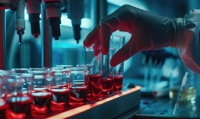 Close up futuristic bioengineer lab technician making tests using flasks and test tubes as well as AI digital technology with glowing viruses and bacteria making experiments using modern equipment