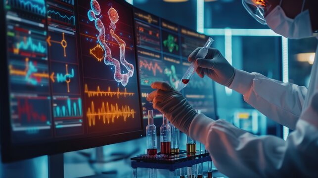 Close up futuristic bioengineer lab technician making tests using flasks and test tubes as well as AI digital technology with glowing viruses and bacteria making experiments using modern equipment