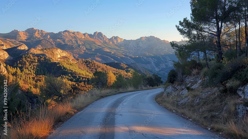 Aufkleber a road with a mountain in the background. the road is empty and the sky is blue. the mountains are c