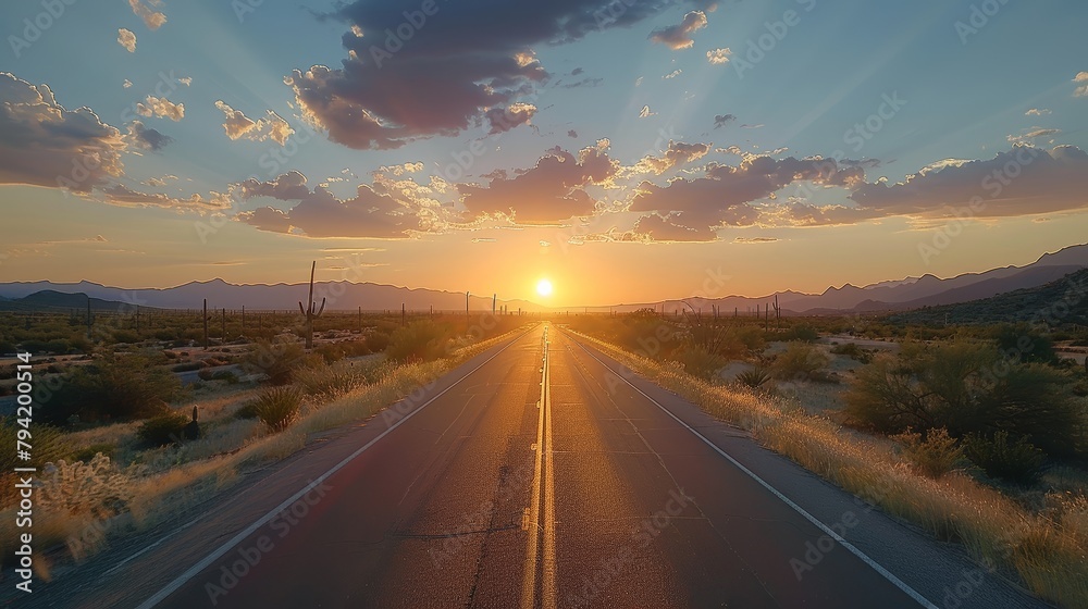 Poster a road with a sunset in the background. the sun is setting and the sky is filled with clouds
