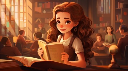 Little girl cartoon character reading magic book in witch school_