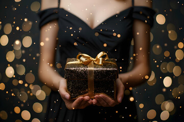 A woman in a black elegant dress holding a present gift box decorated with a golden ribbon on a black background with gold bokeh.