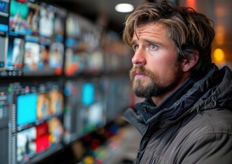 Bearded man standing in front of wall of movies