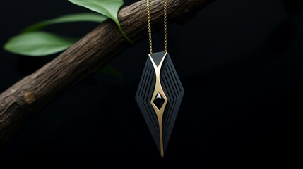 a minimalist yet futuristic portrayal of a black obsidian and gold geometric necklace pendant сreated with Generative Ai