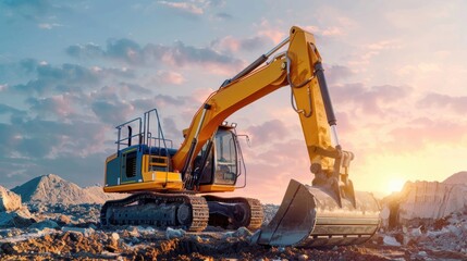 yellow crawler excavator front view work on construction site on warm sunset Light background.