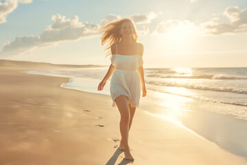 Happy Woman Walking On Beach, Holiday Vacation Advertisement, Professional Photo, Ocean Coast, Female Photo
