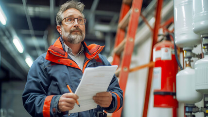 Professional Technician inspect fire extinguisher , annual inspection .