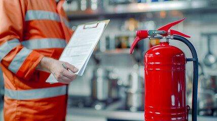 Professional Technician inspect fire extinguisher , annual inspection .