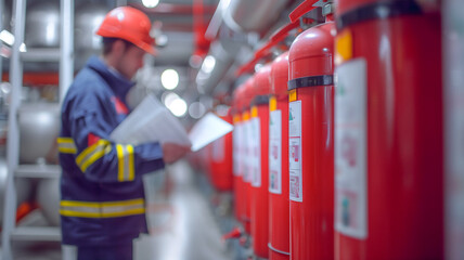 Professional Technician inspect fire extinguisher , annual inspection .