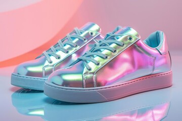 Minimalist sneakers with a holographic finish, simple structure with a futuristic twist
