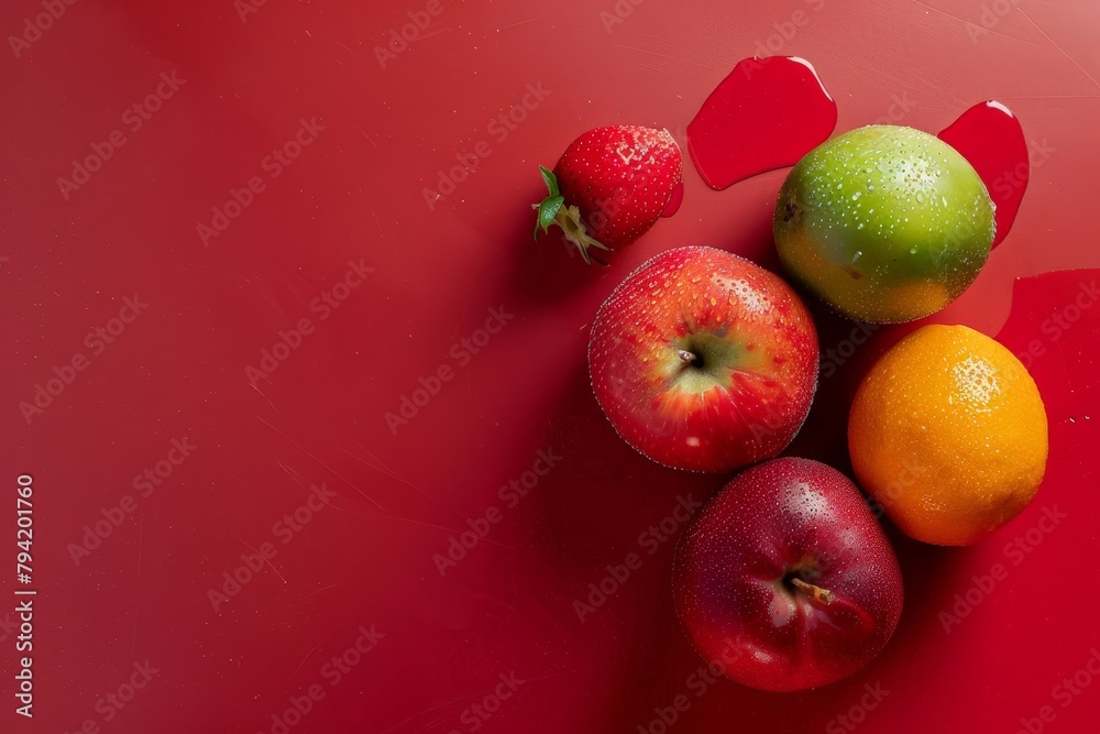 Wall mural A red background with a variety of fruits including apples, oranges, strawberry and grapes