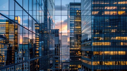 From below entrance of the office building next to contemporary high-rise structures Modern skyscrapers with glass mirrored walls and illuminated lights in City against cloud blue sky background.