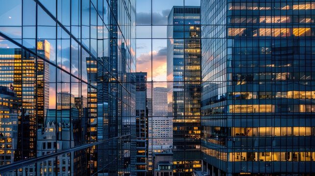 From below entrance of the office building next to contemporary high-rise structures Modern skyscrapers with glass mirrored walls and illuminated lights in City against cloud blue sky background.