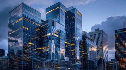 From below entrance of the office building next to contemporary high-rise structures Modern skyscrapers with glass mirrored walls and illuminated lights in City against cloud blue sky background.