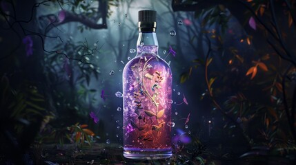 A bottle of craft gin magically floating, with botanicals swirling around it, against a dark, mystic forest backdrop, - obrazy, fototapety, plakaty
