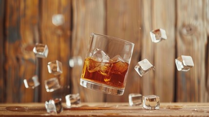 A glass of bourbon levitating, with ice cubes also suspended, set against a classic wooden bar backdrop,