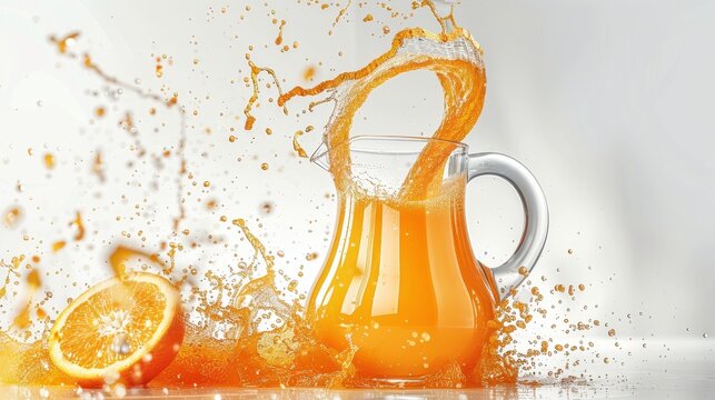 A glass jug of vibrant orange juice levitating, with juice spiraling out and creating a lively splash, set against a clean white backdrop, enhancing the color contrast,