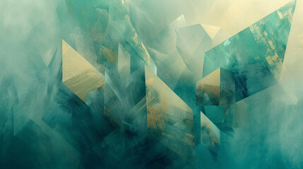 Geometric forms in shades of teal and gold emerge from the mist of a smoky paint background, creating a dynamic abstraction.